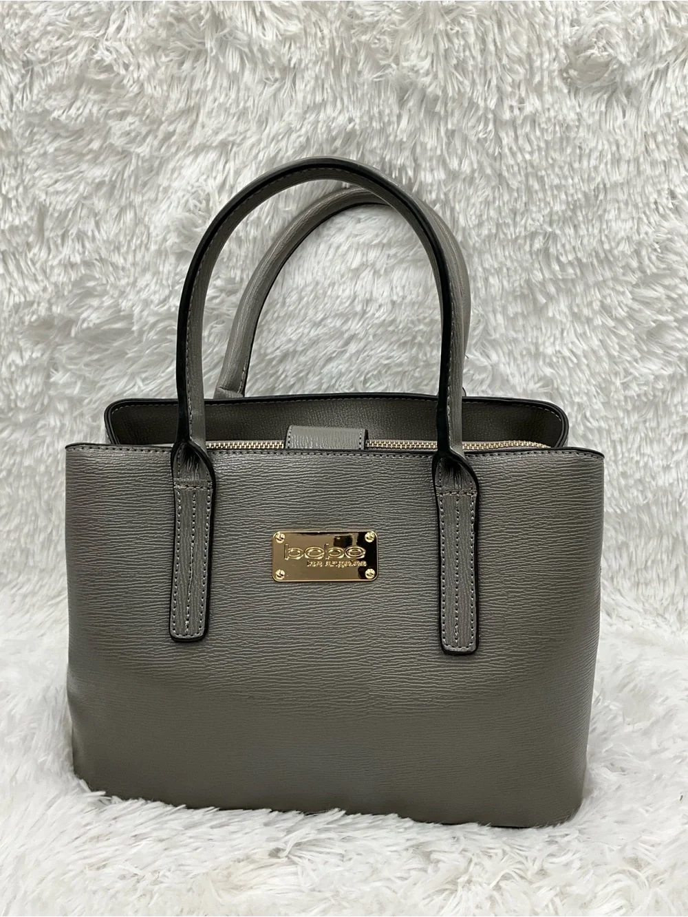 bebe Gray Satchel Tote Structured Faux-Leather with Gold-tone Hardware